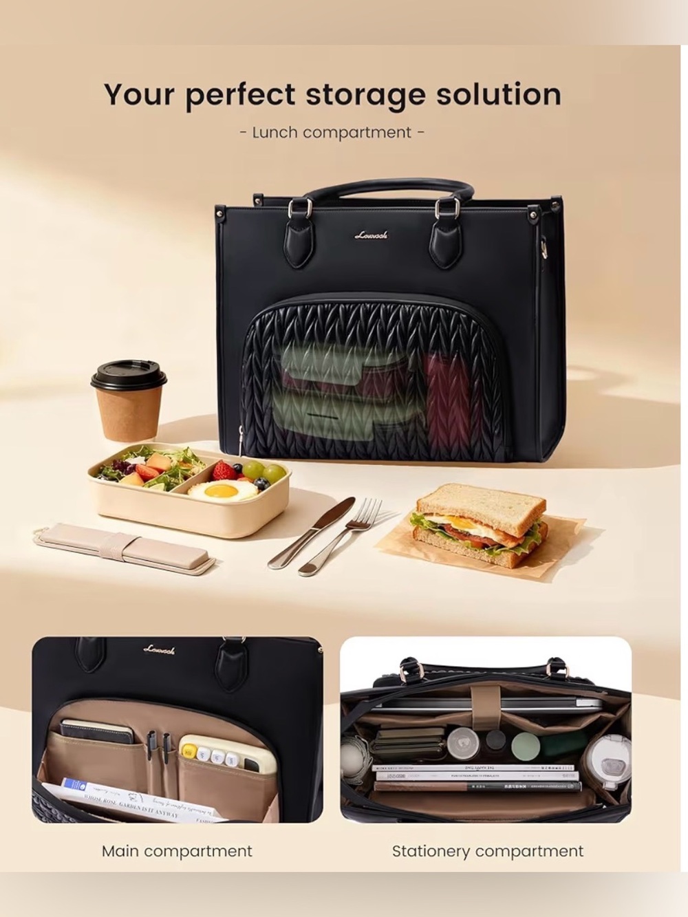 LOVEVOOK Laptop Lunch Tote Bag featuring a quilted front panel design - Picture 7 of 7
